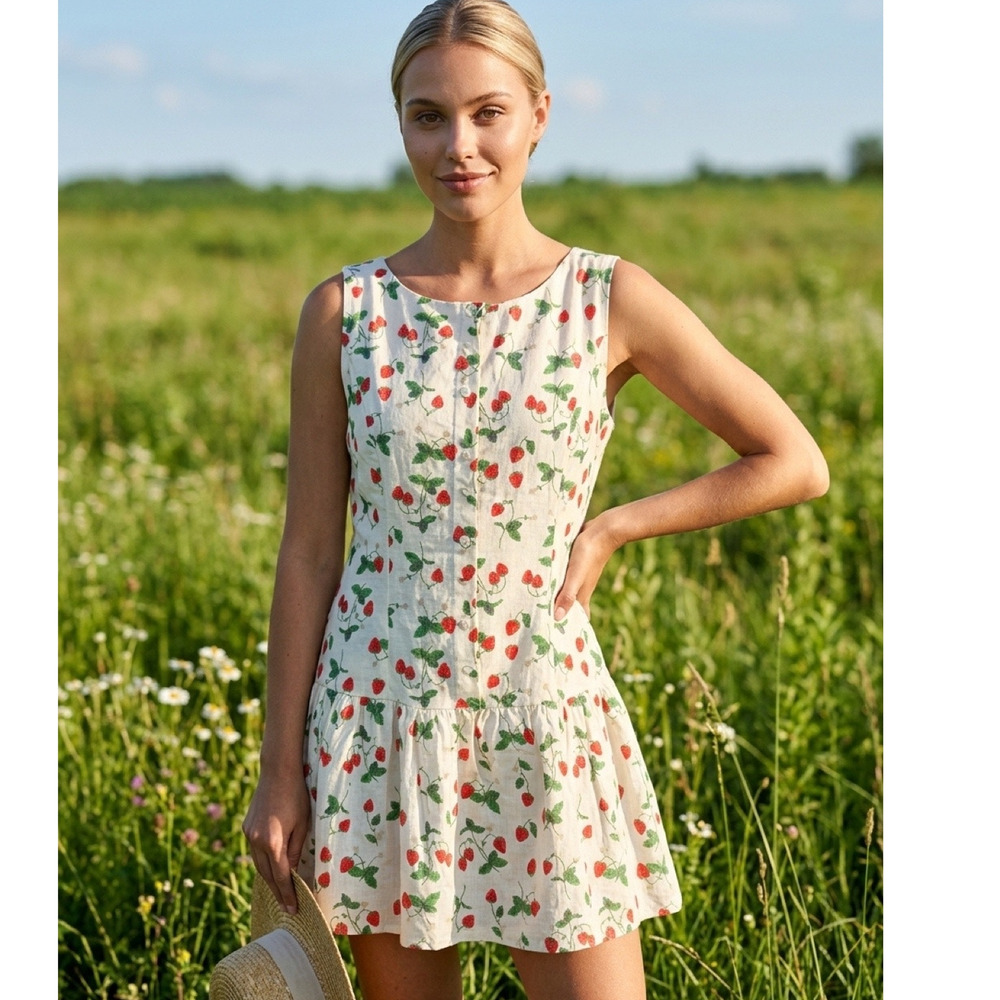 Bailey Rose Strawberry Print Dress Coquette Cottagecore Large NWT